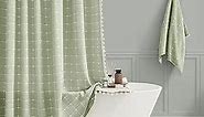Boho Farmhouse Shower Curtain, Linen Rustic Heavy Duty Fabric Shower Curtain Set with Tassel, Water Repellent, Bohemian Vintage Country Thick Cloth Shower Curtains for Bathroom, Sage Green, 72x72