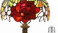WERFACTORY Tiffany Style Table Lamp Stained Glass Bedside Lamp Red Rose Desk Reading Light 10X10X18 Inches Decor Bedroom Living Room Home Office S001 Series
