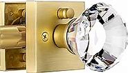 Square Glass Crystal Interior, Bedroom and Bathroom Privacy Gold Door Knobs with Lock, Satin Brass Door Knobs Set, Diamond Shape Keyless, BS-007