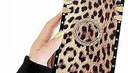 Square Leopard Phone case Compatible with iPhone 14 Cheetah Pattern with Diamond Ring Holder Stander Shockproof Luxury Back Covers Shell(Leopard,iPhone 14 6.1'')