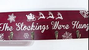 CHDITB Merry Christmas Themed Wooden Stocking Holder(15.8”x4.8”), The Stockings were Hung Wall-Mounted Holder with 4 Hooks, Decorative Wooden Merry Christmas Sign for Wall Christmas Gift