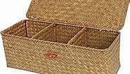 FEILANDUO Seagrass Storage Basket with Lid Hand Woven Wicker Shelf Baskets Rectangular Small Storage Box for Desktop Organizing (Natural 3 Sections with Lid)