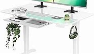 Glass Standing Desk with Drawers, 48×24 Inch Adjustable Stand Up Desk Quick Install Home Office Computer Desk, White