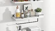 Mefirt Floating Shelves, 3+2 Tier Bathroom Shelves with Paper Towel Holder & Towel Bar, Wood Wall Décor Shelves Over Toilet with Wire Storage Basket & Guardrail, Farmhouse Floating Shelf - White