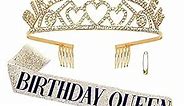 Birthday Crowns for Women, Birthday Queen Rhinestone Tiara & Sash Kit,Birthday Tiaras and Crowns for Women Gold Crown for Girls Birthday Girl Crown Glitter Birthday Sash for Women Gift Party