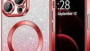 Hython for iPhone 12 Pro Max Case Clear Magnetic Glitter Phone Cases [Compatible with MagSafe] Full Camera Lens Protector Slim Gradient Sparkle Luxury Plating Shockproof Protective Cover Women, Red