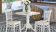 East West Furniture DLGR3-WHI-W 3 Piece Dining Table Set for Small Spaces Contains a Round Dining Room Table with Dropleaf and 2 Wood Seat Chairs, 42x42 Inch, Linen White