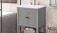 Merax 24 Inch Bathroom Vanity with Ceramic Sink Set Combo, Cabinet with Doors and Shelf, Solid Wood Frame with Painted Finish, Modern Style, Grey
