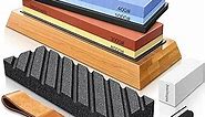 Complete Knife Sharpening Stone Set – Dual Grit Whetstone 400/1000 3000/8000 Knife Sharpener with Leather Strop, Flattening Stone, Bamboo Base, 3 Non-slip Rubber Bases & Angle Guide