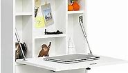 Tangkula Wall Mounted Desk, Pneumatic Floating Desk Wall Mount Laptop Table Desk with Magnetic Foldable Tabletop, Space Saving Wall Mounted with Storage Drawer and Shelves (White)