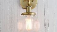 PERMO Vintage Industrial Wall Sconce Lighting Fixture with Mini 5.9" Round Clear Globe Ribbed Glass Shade (Antique Brass Gold)