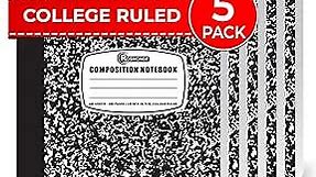 Rosmonde College Ruled Composition Notebooks 5 Pack, 200 Pages (100 Sheets), 9-3/4" x 7-1/2", White & Black Marble Composition Book, Hard Cover, Sturdy Sewn Binding, School, College & Office Supplies
