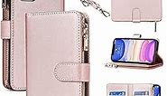 Jaorty iPhone 11 Case with Card Holder,iPhone 11 Phone Case Wallet for Women with Strap,Crossbody Necklace Lanyard Shoulder Strap Zipper Magnetic Leather Case [9 Card Slots],6.1 inch Rosegold