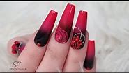 Black and red ombre nails. Gothic nails. Blooming gel rose nail art.