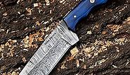Fixed Blade Damascus Hunting Knife with Sheath, Skinning Bushcraft Camp Knives For men (BLUE)