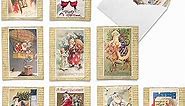 The Best Card Company - 10 Retro Merry Christmas Cards Bulk - Vintage Holiday Notecards with Envelopes (4 x 5.12 Inch) - Holly Jolly Santa M10040XS
