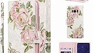 UEEBAI Wallet Case for Samsung Galaxy S8, PU Leather Phone Case Kickstand RFID Blocking Flip Case with Card Slots Wrist Strap Relief Engraved Pattern Magnetic Closure Folio Case - White Rose