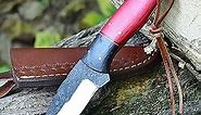 ZEASNA ZE-HK-51 Handmade Carbon Steel hunting knife with Leather Sheath Outdoor Full Tang Fixed blade Bushcraft Knife, survival knife for Hunting Camping Skinning with Wood Handle (Red)