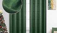 Green and Gold Curtains 84 Inch Length for Living Room 2 Panels Grommet Semi Sheer Shiny Glitter Sparkle Shimmer Hunter Forest Green Curtain for Bedroom Christmas Holiday Decor Emerald Jade Dark Green