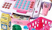 BUYGER Kids Cash Register with Electronic Scanner Microphone Calculator Credit Card Machine Play Food Toys Accessories Grocery Cashier Pretend Play Toys for Kids Toddler Boys Girls