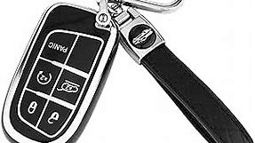 XIYANG TRADE for Jeep Key Fob Cover with Keychain,Soft TPU Key Case Shell Full Protection for Grand Cherokee Renegade Chrysler 200 300 Dodge RAM Durango Challenger Journey Dart Fiat Smart Key (Black)