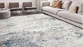 Area Rug Living Room Rugs - 9x12 Abstract Large Soft Indoor Washable Rug Neutral Modern Low Pile Carpet for Bedroom Dining Room Farmhouse Home Office - Beige Blue