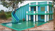 Build Modern Contemporary Mud Villa And Design Water Slide To Beautiful Underground Swimming Pool