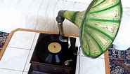 Antique Record Player with Green Horn, 1920s