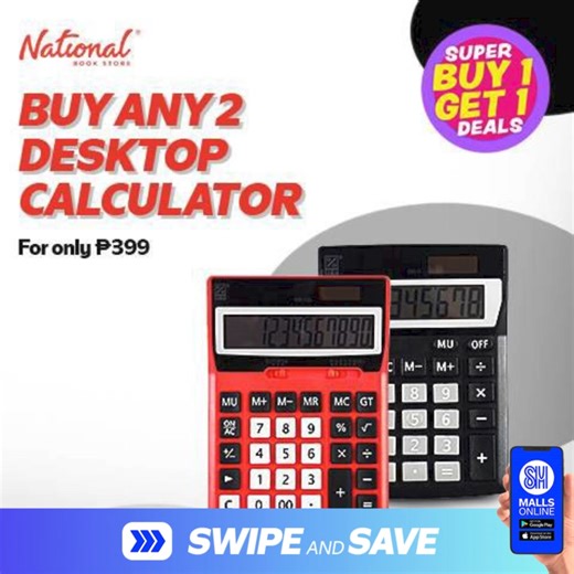 Take advantage of this great promo! For a limited time, you can buy any 2 Best Buy Desktop Calculators for only P399 at National Bookstore. Don't miss out on this incredible deal —enhance your productivity and ensure you have the best tools at your desk. Visit your nearest National Bookstore today and grab yours before they're gone! Download the SM Malls Online app for your swipe coupon: https://smmallsonline.page.link/8EVwDYA92NZo3Eus9 #AweSMDealsEveryday #GetHypedAtSM #EverythingsHereAtSM #Swi