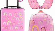Sanwuta 4 Pieces Rainbow Luggage for Gift 18 Inch Kids Rolling Luggage Christmas Girls Pink Travel Rolling Suitcase with Wheels Kids Luggage Set with Backpack Neck Pillow Name Tag