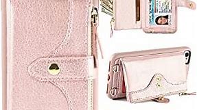 LAMEEKU Wallet Case Compatible with iPhone SE 2022,iPhone 7, iPhone 8 Case Wallet Card Holder Case SE2 Case Strap Crossbody Strap Zipper Case for iPhone 7/iPhone 8 iPhone SE 2020, 4.7 inches-Rose Gold