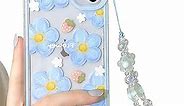NITITOP Compatible for iPhone 12 Case Clear Cute Flower Floral with Chain for Girls Women Pattern Soft TPU Shockproof Protective Girly for iPhone 12-Blue Flower