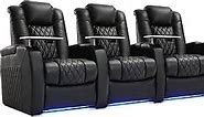 Weilianda Home Theater Seating Top Grain Nappa Leather Recliner Chair Dual Power Movie Gaming Sofa Electric Headrest with Tray Table Type-C USB Charge Cup Holders (Row of 3, Black)