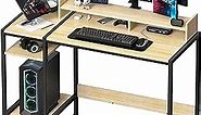 Small Computer Gaming Desk - 47” Home Office Desk with Storage, Monitor Stand for 2 Monitors, Adjustable Storage Space, Writing,Modern Design Corner Table, Beech.