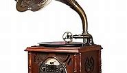 Bluetooth Phonograph Record Player,Portable Version Gramophone Vintage Retro Style Subwoofer Speaker/Aux-in,CD,FM/AM Radio,45 RPM Adapter, for HX-411/12/NF-601/605/610 (Horn with Texture)