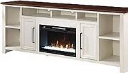 Bridgevine Home Modern 85 Inch Electric Fireplace TV Console. Accommodates TVs up to 95 inches. Fully Assembled. Poplar Solids and Okume Veneers. Jasmine Whitewash and Whiskey Finish.