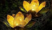 Garden Solar Light Outdoor(2Pack) , Amber Crackle Globe Glass Lotus Decoration , Waterproof Orange Metal LED Flower Lights for Patio,Lawn,Walkway,Tabletop,Ground, Garden Gifts