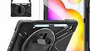 Samsung Galaxy Tab S6 Lite Case 10.4 Inch 2024/2022/2020 (SM-P620/P625/P610/P613/P615/P619), Sturdy Rugged Case with Screen Protector S Pen Holder Rotating Stand Hand Strap for Tab S6 Lite-Black