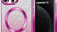 Hython for iPhone 15 Pro Max Case Clear Magnetic Glitter Phone Cases [Compatible with MagSafe] Full Camera Lens Protector Slim Gradient Sparkle Luxury Plating Shockproof Protective Cover, Hot Pink