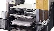 Winblo Desk Organizer with 2 File Holders, 4-Tier Paper Letter Tray Organization and Storage with Drawer & 2 Pen Holders, Mesh Desktop Organizer and Accessories for Office Supplies
