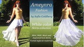 White skirts, varied designs & materials. Ameynra fashion by Sofia Goldberg