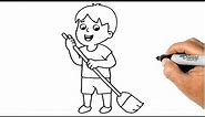 HOW TO DRAW A BOY CLEANING THE FLOOR EASY STEP BY STEP