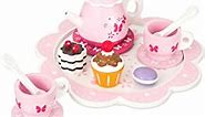 13 Pc Wooden Tea Set Toy - Includes Wood Tea Pot, Carrying Tray, teacups, Cupcakes. Made with Premium Materials - Encourages Pretend Play and Communication Skills - Wooden Toys for Children 3+