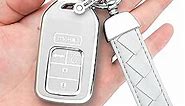 for Honda Key fob Cover with Leather Keychain,Soft TPU 5 Buttons Key Shell,fit 2018 2019 2020 2021 Civic Accord Pilot CR-V Insight EX EX-L Touring Remote car Key(White)