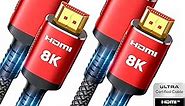 Snowkids 10K 8K HDMI 2.1 Cable 10FT 2-Pack, 48Gbps Certified High Speed HDMI® Braided Cord (8K@60Hz, 4K@120Hz) HDCP 2.2&2.3, DTS:X, eARC,HDR10, Dynamic HDR, Compatible with Roku TV/HDTV/PS5/Blu-ray