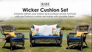 RSH Décor Indoor Outdoor 3 Piece Tufted Wicker Blue Tan Crab Cushion for Wicker Loveseat Settee 41" x 19" & 2 Matching Chair Cushions 19" x 19"