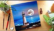 Lighthouse Painting / Acrylic Painting For Beginners/Acrylic Moon Painting/Moon Lighthouse Painting