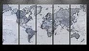 iKNOW FOTO 5 Pieces Vintage World Map Canvas Prints Push Pin Map Wall Art Decor Trace Travel Marks Map The Map of The World Antique Framed Picture for Living Room Office 16x40inx5