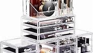 DreamGenius Makeup Organizer, 4 Pieces Acrylic Makeup Storage Box with 9 Drawers for Lipstick Jewelry and Makeup Brushes, Stackable Vanity Organizer for Dresser and Bathroom Countertop, Clear