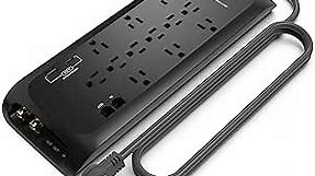 Monster Black Heavy Duty Surge Protector Power Strip 6 ft Cord with 12 120V-Outlet Extension, 2 Ethernet Switch Ports, 4050J Rating, 1 USB-A, and 1 USB-C Charging Ports – Ideal for Computers & Offices